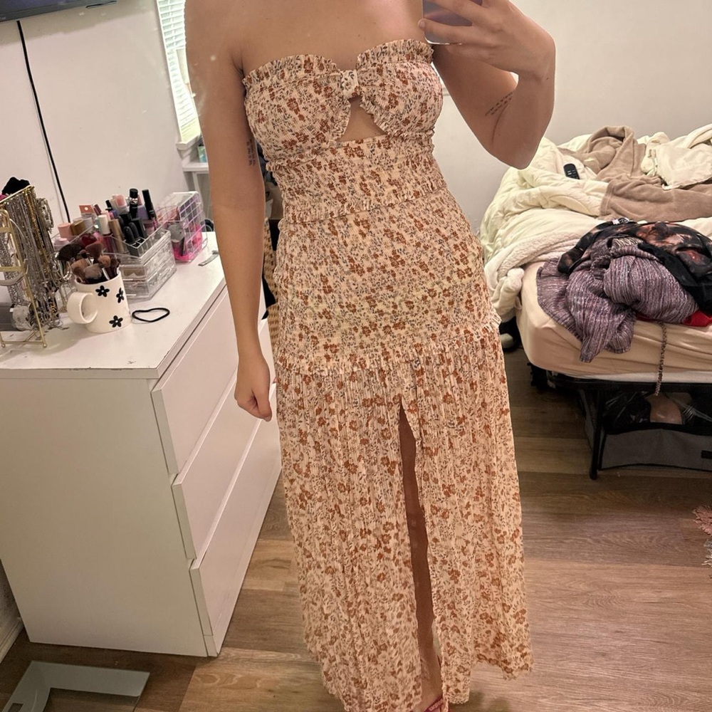 bec + bridge Strapless Floral Dress in Cream and Brown
